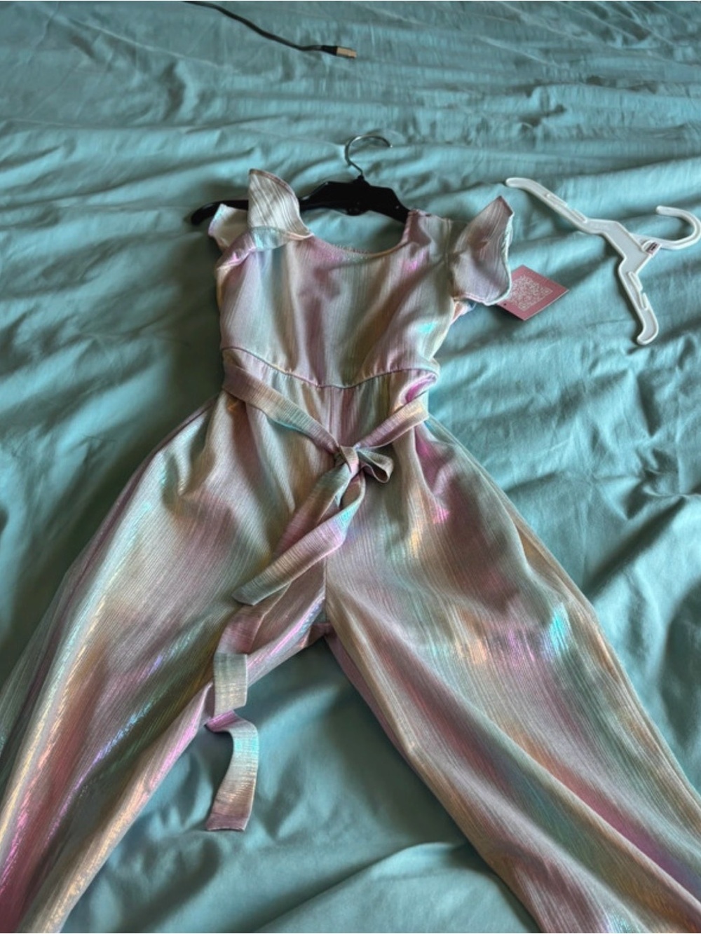 Rare Editions Pastel Iridescent Jumpsuit in Pink, Blue, Cream